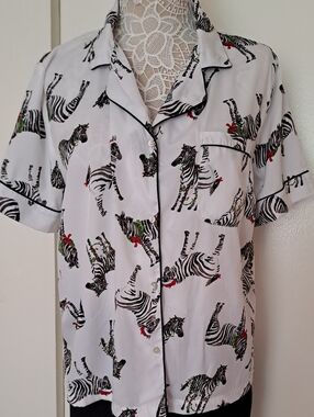 Rachel Zoe White Zebra Christmas Print Short-Sleeve Button Shirt Pajama